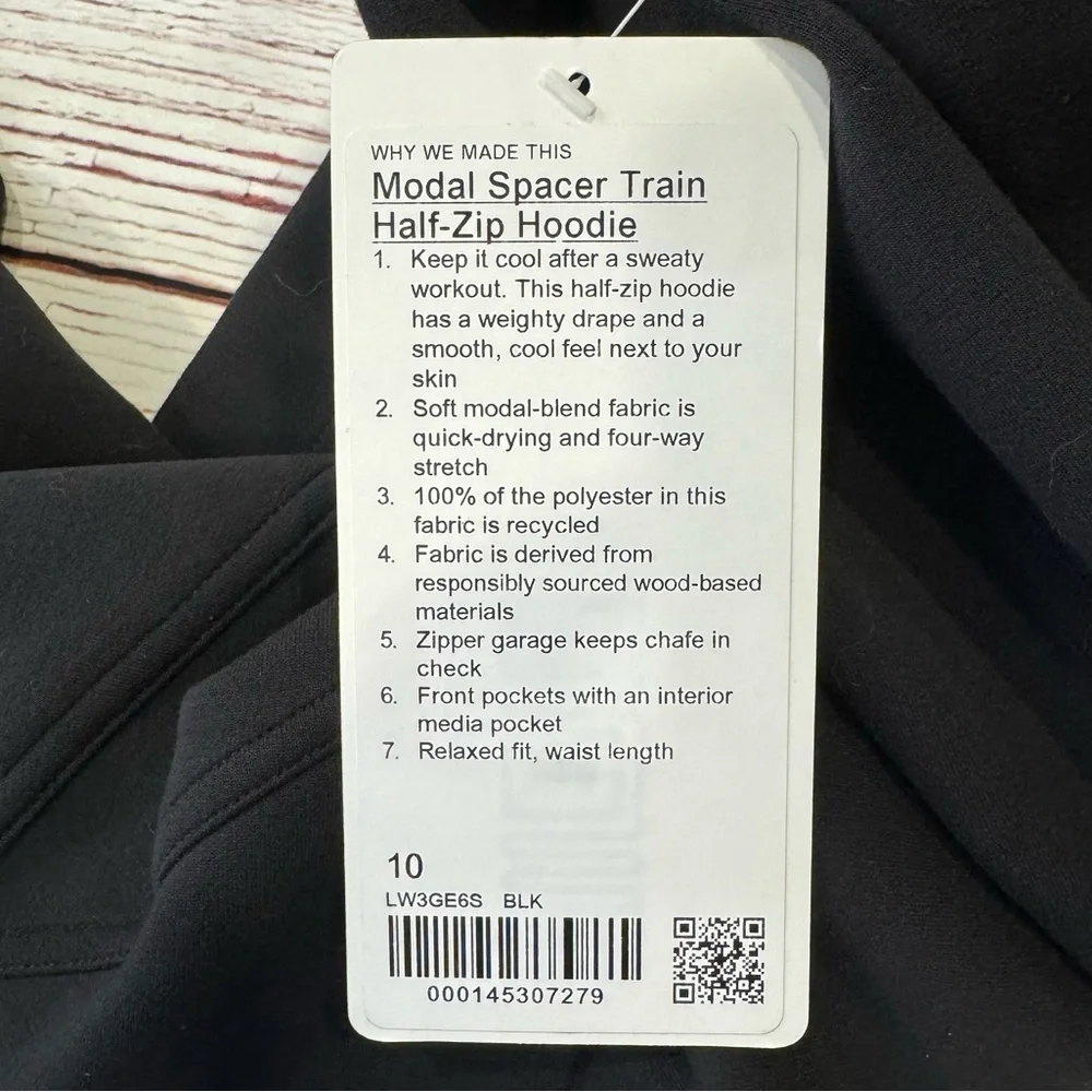 NWT Lululemon Modal Spacer Training Half-Zip Hoodie in Black Sz 10